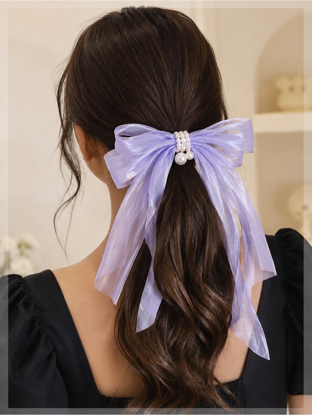 Elegant Sheer Pearl Bow Hair Clip Set of 3 – Lavender, Cranberry & Black | New - Picture 3 of 9